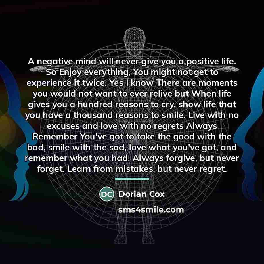 “A negative mind will never give you a positive life.…” quote by Dorian Cox