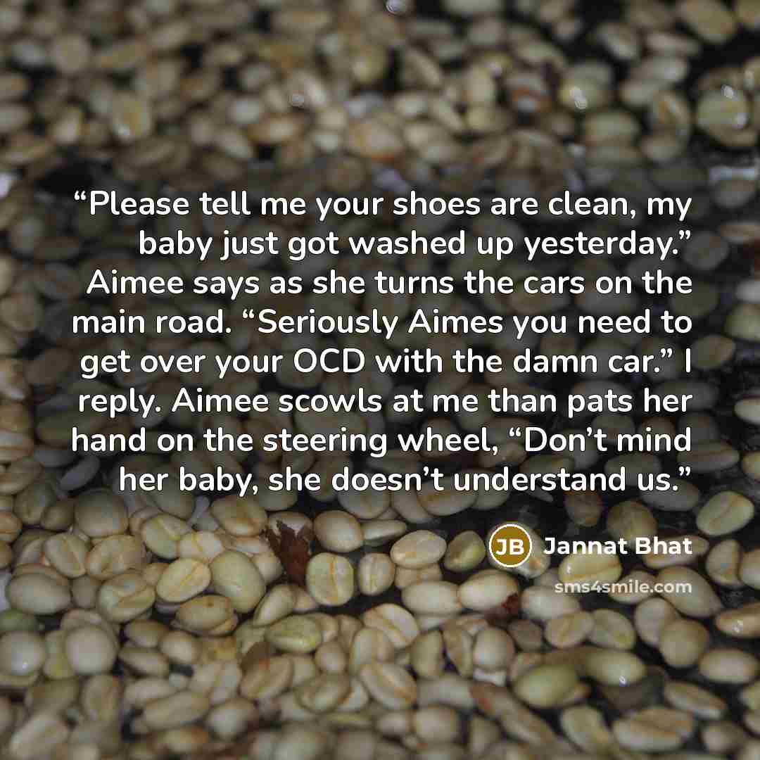 “Please tell me your shoes are clean, my baby just got washed up yesterday.” Aimee says as she turns the cars on the main road. “Seriously Aimes you need to get over your OCD with the damn car.” I reply. Aimee scowls at me than pats her hand on the steering wheel, “Don’t mind her baby, she doesn’t…” quote by Jannat Bhat