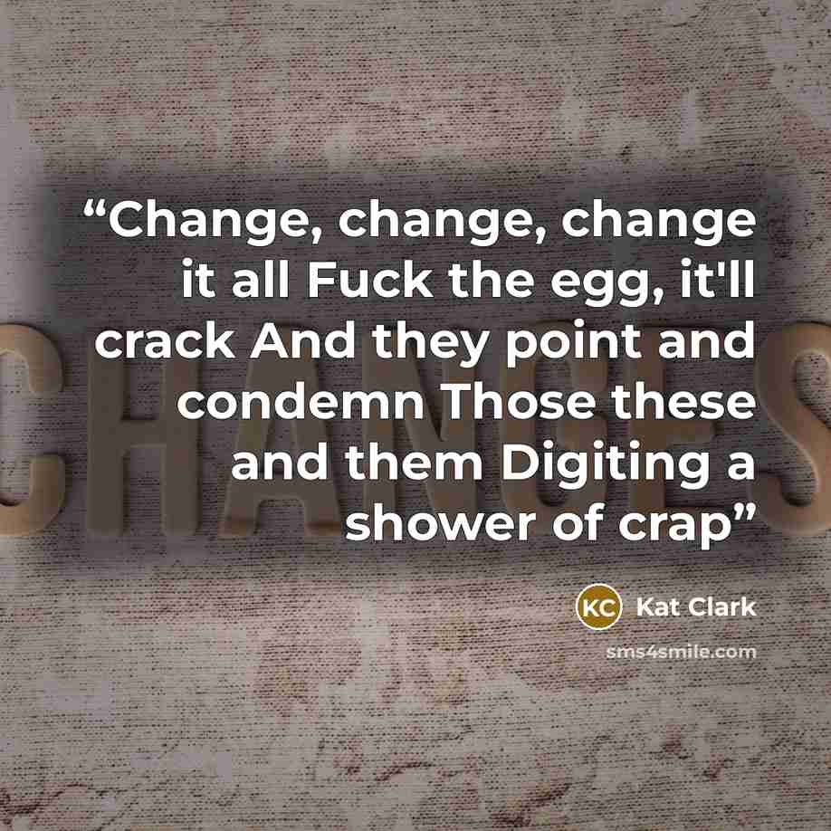 “Change, change, change it all Fuck the egg, it'll crack And they point and condemn Those these and them Digiting a shower of crap” quote by Kat Clark