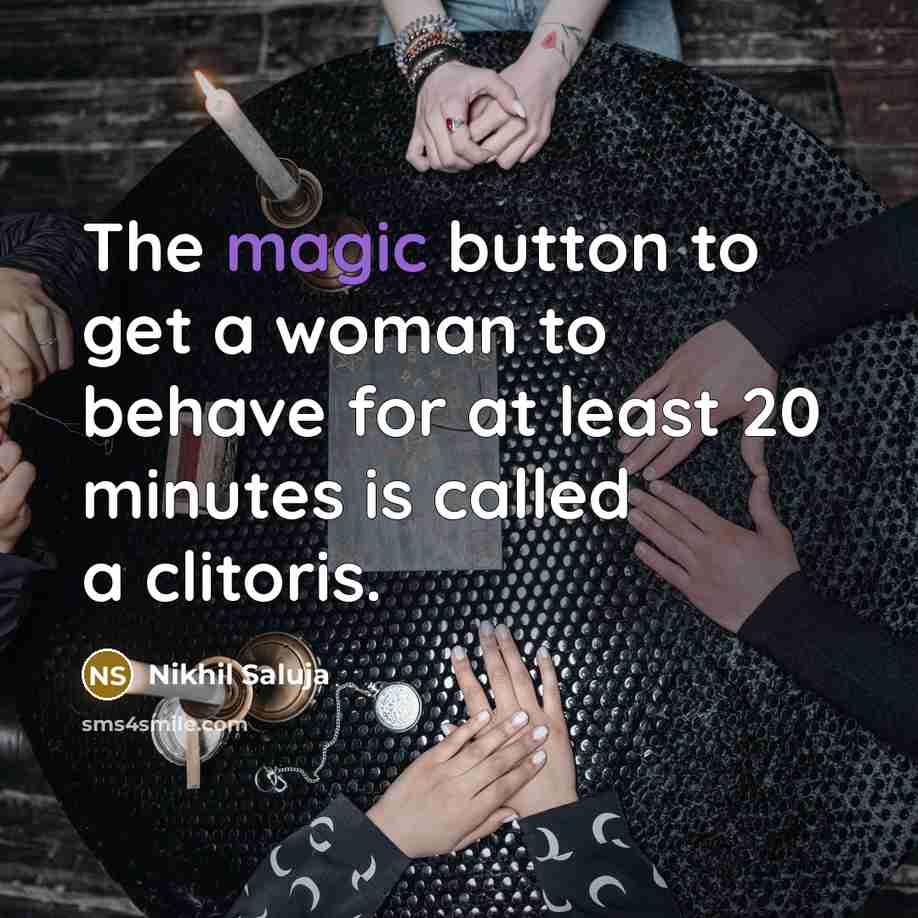 “The magic button to get a woman to behave for at least 20 minutes is called a clitoris.” quote by Nikhil Saluja