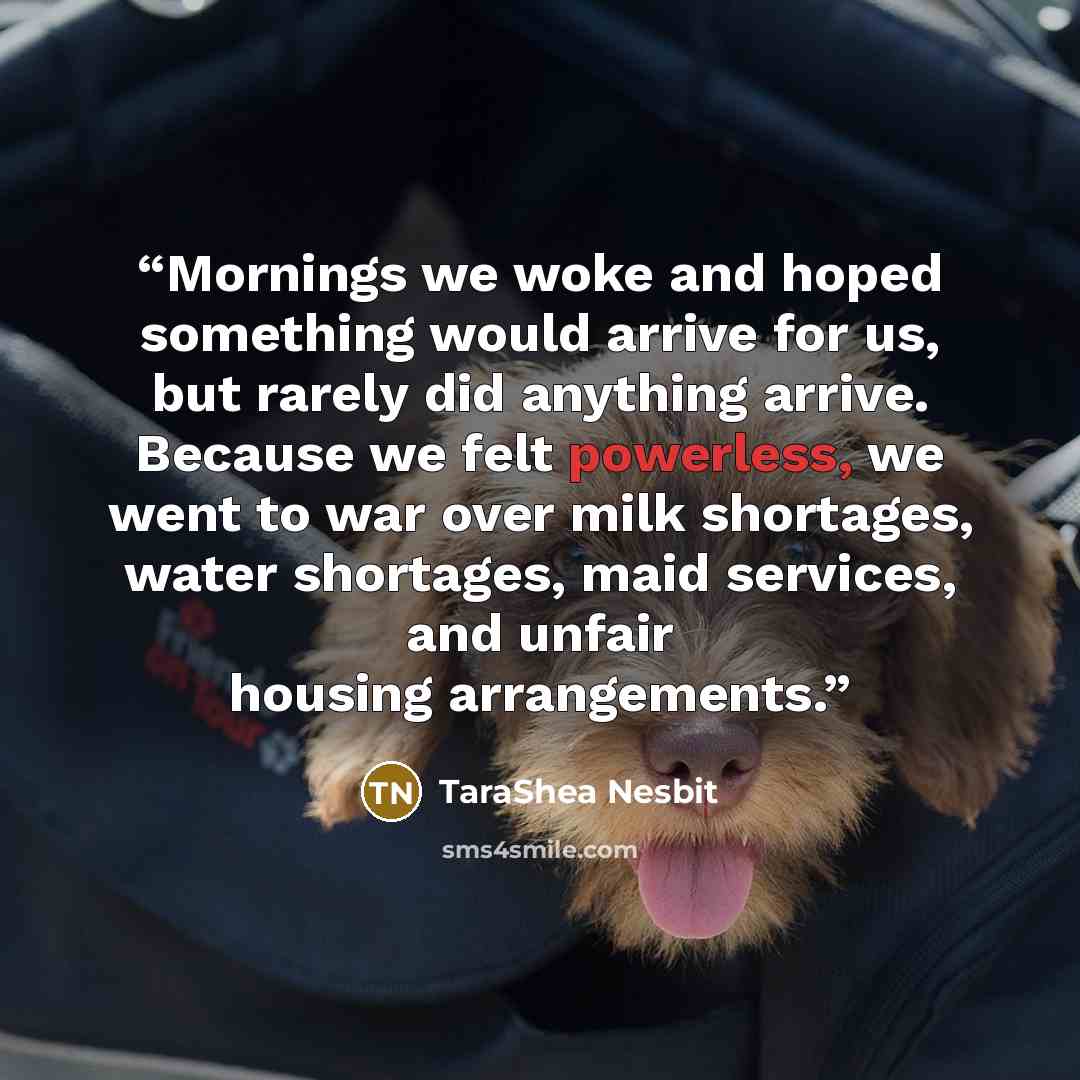 “Mornings we woke and hoped something would arrive for us, but rarely did anything arrive. Because we felt powerless, we went to war over milk shortages, water shortages, maid services, and unfair housing arrangements.” quote by TaraShea Nesbit
