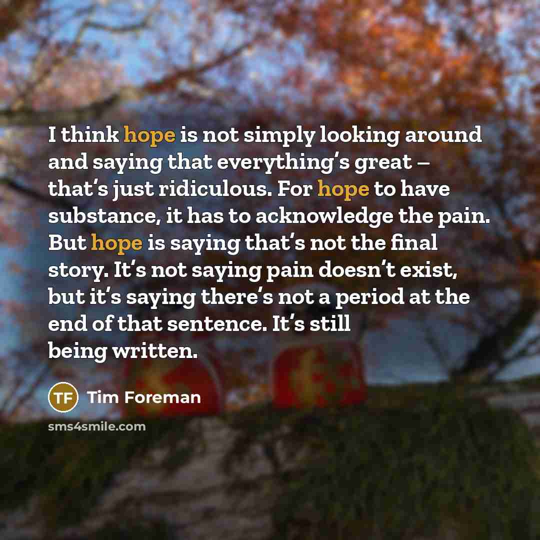 “I think hope is not simply looking around and saying…” quote by Tim Foreman