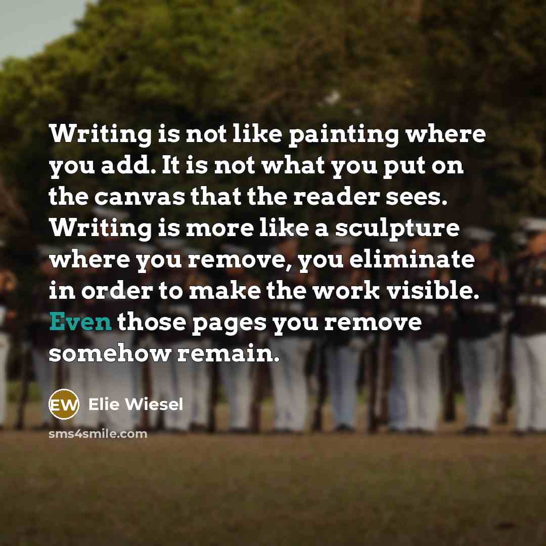 “Writing is not like painting where you add. It is…” quote by Elie Wiesel