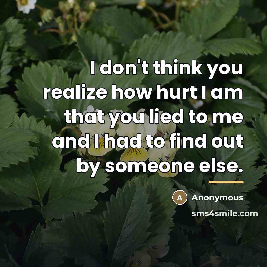“I don't think you realize how hurt I am that you lied to me and I had to find out by someone else.” quote by Anonymous