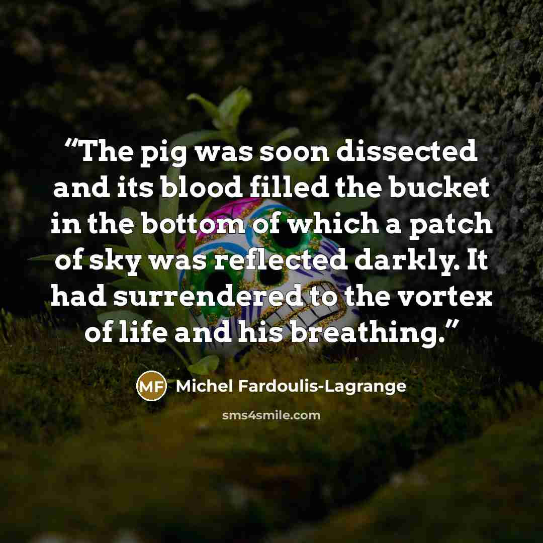 “The pig was soon dissected and its blood filled the bucket in the bottom of which a patch of sky was reflected darkly. It had surrendered to the vortex of life and his breathing.” quote by Michel Fardoulis-Lagrange
