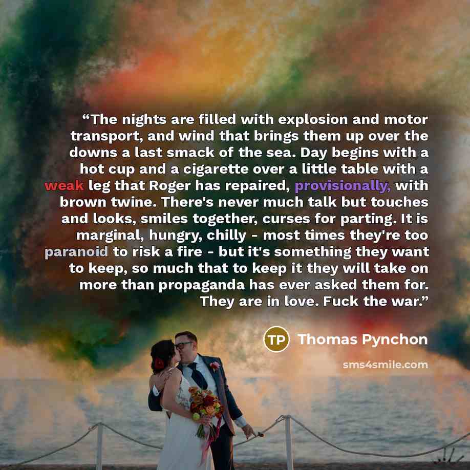“The nights are filled with explosion and motor transport, and wind that brings them up over the downs a last smack of the sea. Day begins with a hot cup and a cigarette over a little table with a weak leg that Roger has repaired, provisionally, with brown twine. There's never much talk but touches…” quote by Thomas Pynchon