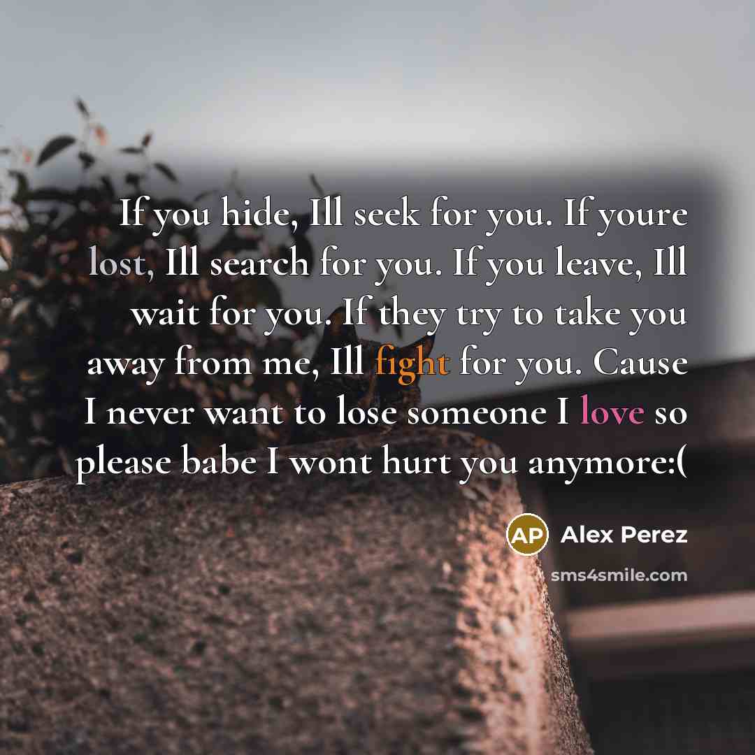 “If you hide, Ill seek for you. If youre lost, Ill search for you. If you leave, Ill wait for you. If they try to take you away from me, Ill fight for you. Cause I never want to lose someone I love so please babe I wont hurt you anymore:(” quote by Alex Perez