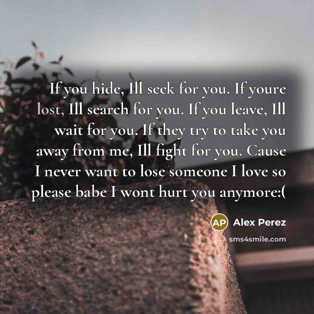“If you hide, Ill seek for you. If youre lost, Ill search for you. If you leave, Ill wait for you. If they try to take you away from me, Ill fight for you. Cause I never want to lose someone I love so please babe I wont hurt you anymore:(” quote by Alex Perez