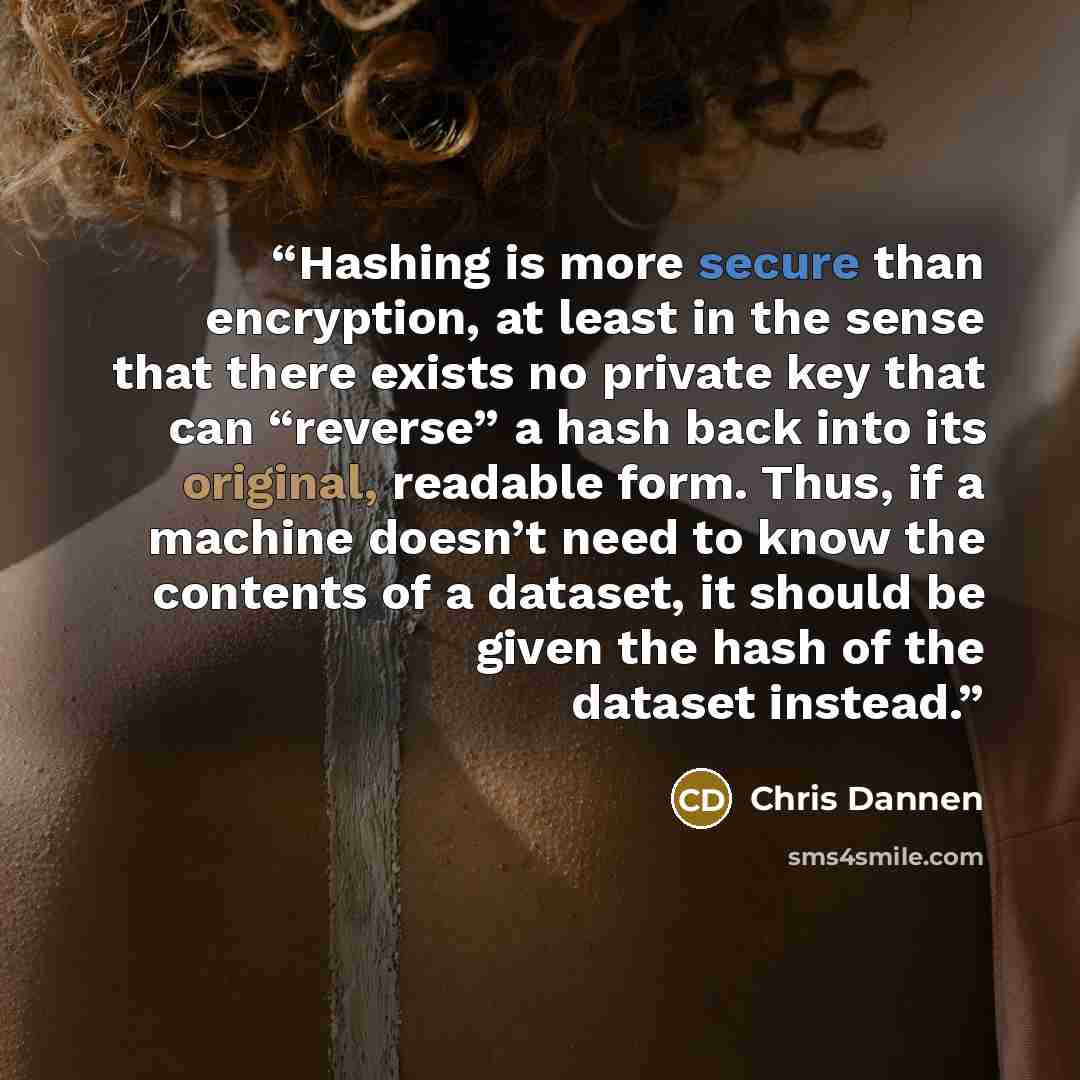 “Hashing is more secure than encryption, at least in the sense that there exists no private key that can “reverse” a hash back into its original, readable form. Thus, if a machine doesn’t need to know the contents of a dataset, it should be given the hash of the dataset instead.” quote by Chris Dannen