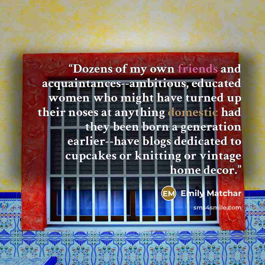 “Dozens of my own friends and acquaintances--ambitious, educated women who might have turned up their noses at anything domestic had they been born a generation earlier--have blogs dedicated to cupcakes or knitting or vintage home decor.” quote by Emily Matchar