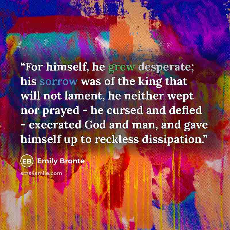 “For himself, he grew desperate; his sorrow was of the king that will not lament, he neither wept nor prayed - he cursed and defied - execrated God and man, and gave himself up to reckless dissipation.” quote by Emily Brontë