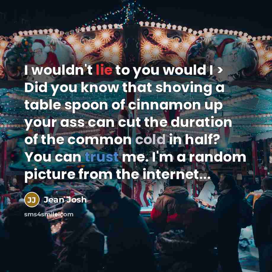 “I wouldn't lie to you would I > Did you know that shoving a table spoon of cinnamon up your ass can cut the duration of the common cold in half? You can trust me. I'm a random picture from the internet...” quote by Jean Josh