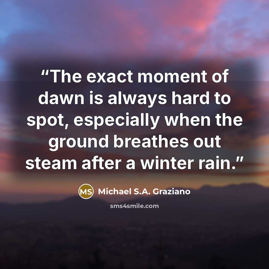 “The exact moment of dawn is always hard to spot, especially when the ground breathes out steam after a winter rain.” quote by Michael S.A. Graziano