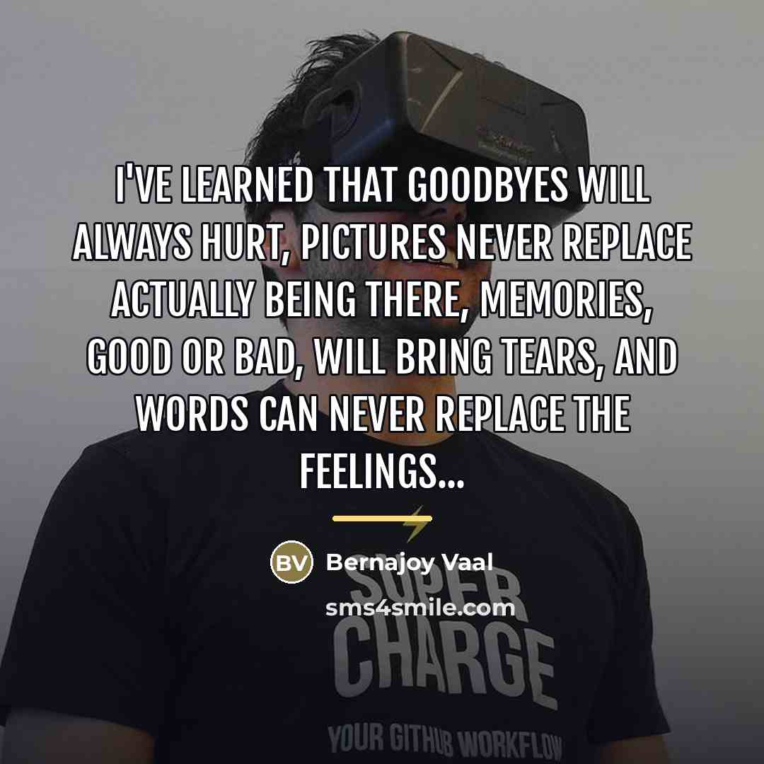 “I've learned that goodbyes will always hurt, pictures never replace…” quote by Bernajoy Vaal
