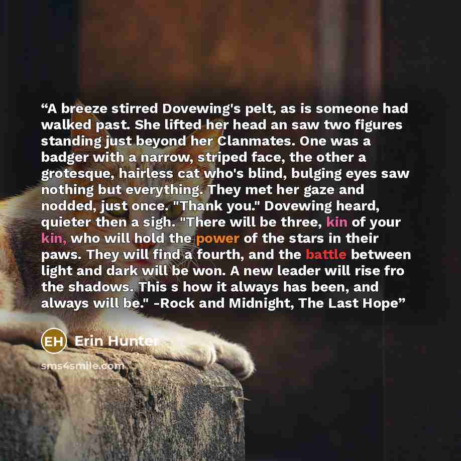 “A breeze stirred Dovewing's pelt, as is someone had walked past. She lifted her head an saw two figures standing just beyond her Clanmates. One was a badger with a narrow, striped face, the other a grotesque, hairless cat who's blind, bulging eyes saw nothing but everything. They met her gaze and…” quote by Erin Hunter