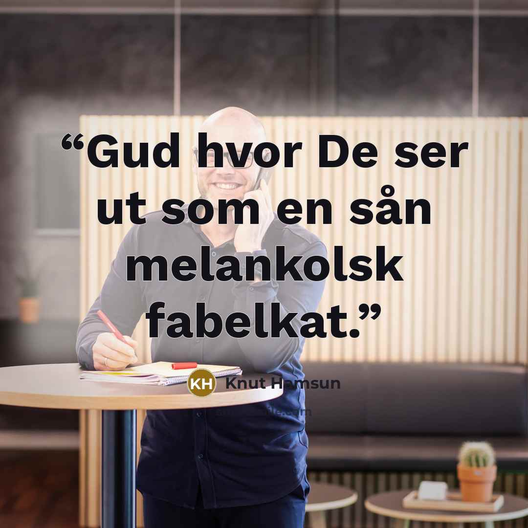 “Gud hvor De ser ut som en sån melankolsk fabelkat.” quote by Knut Hamsun