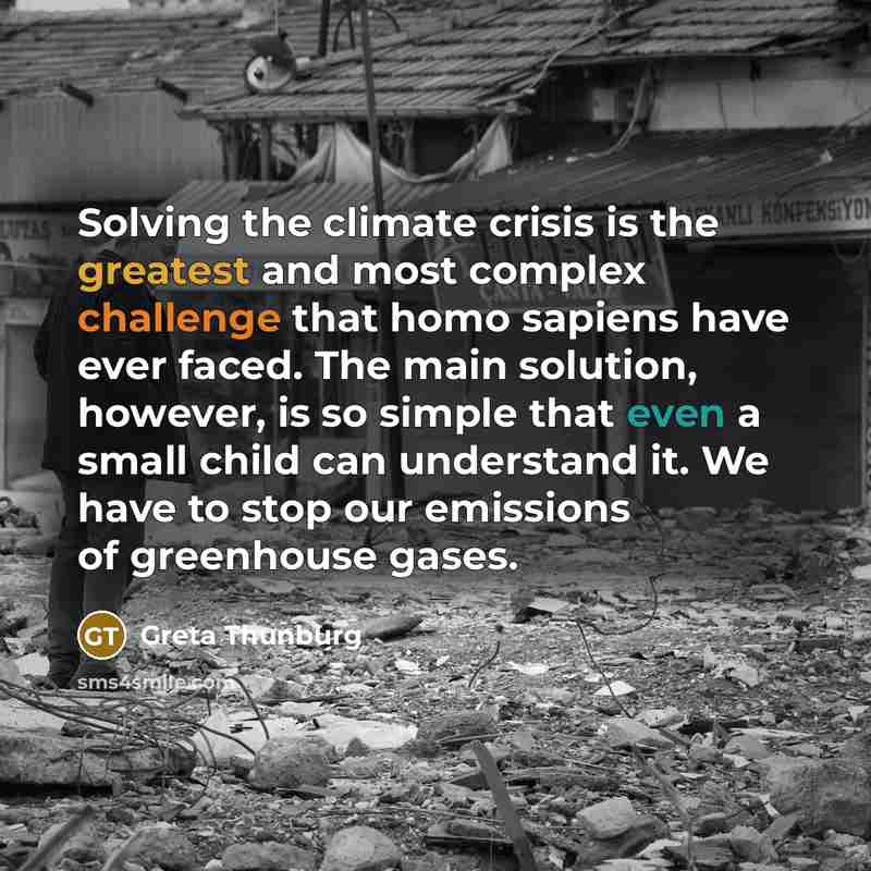“Solving the climate crisis is the greatest and most complex challenge that homo sapiens have ever faced. The main solution, however, is so simple that even a small child can understand it. We have to stop our emissions of greenhouse gases.” quote by Greta Thunburg