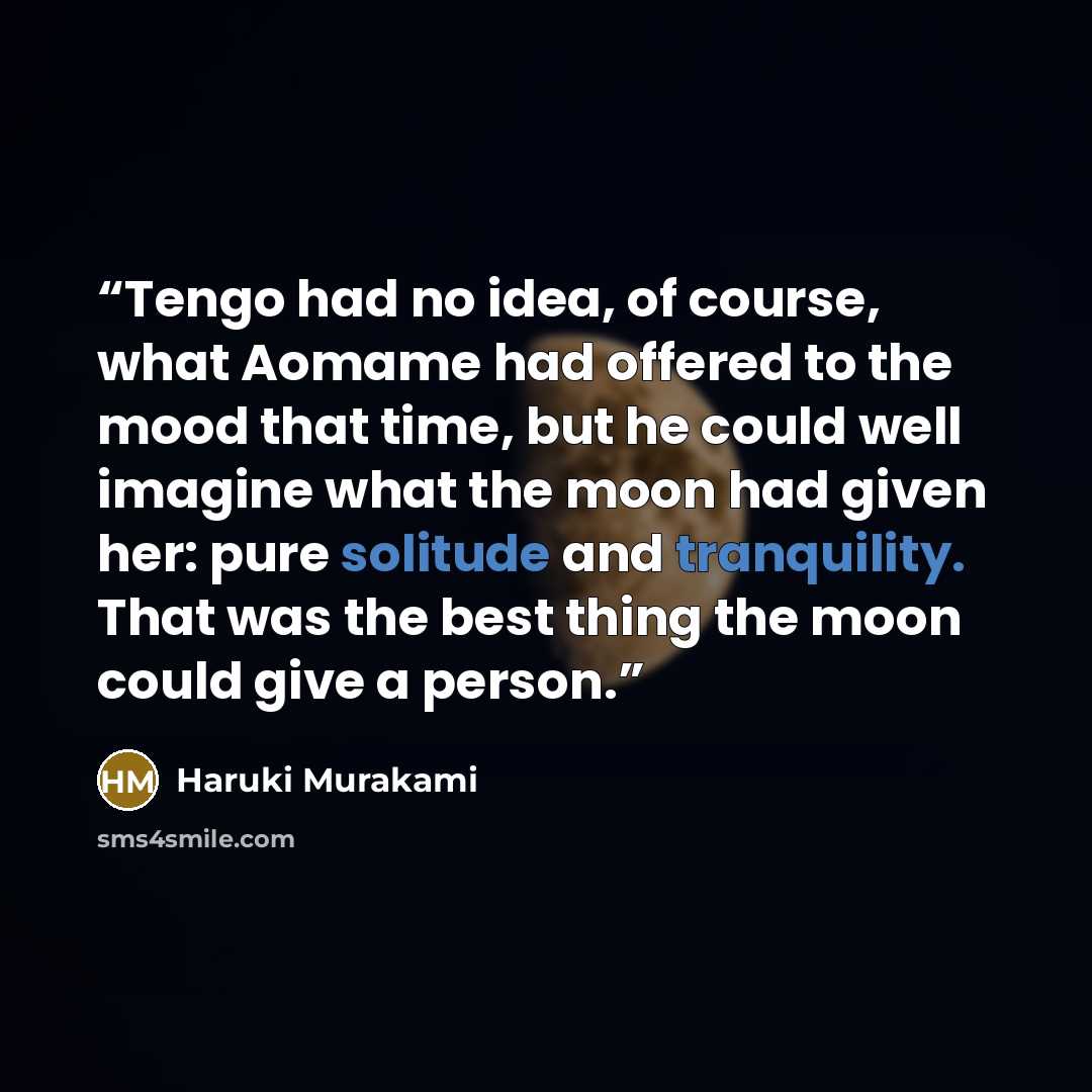 “Tengo had no idea, of course, what Aomame had offered to the mood that time, but he could well imagine what the moon had given her: pure solitude and tranquility. That was the best thing the moon could give a person.” quote by Haruki Murakami