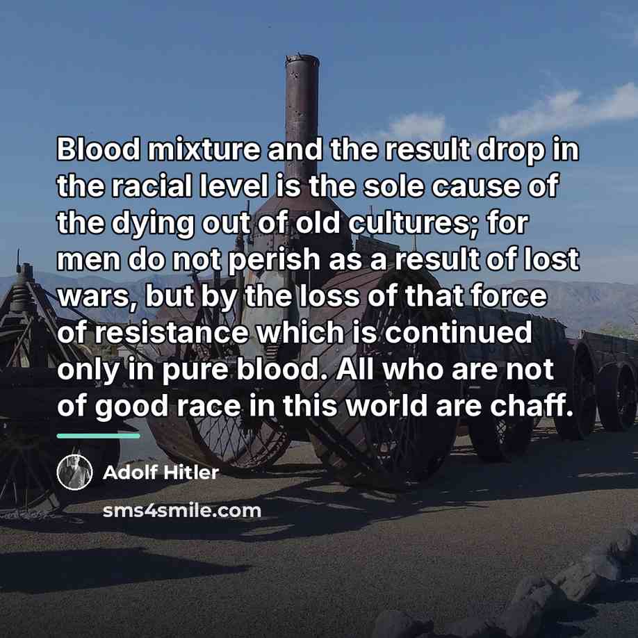 “Blood mixture and the result drop in the racial level…” quote by Adolf Hitler