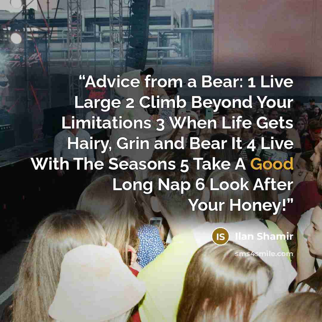 “Advice from a Bear: 1 Live Large 2 Climb Beyond Your Limitations 3 When Life Gets Hairy, Grin and Bear It 4 Live With The Seasons 5 Take A Good Long Nap 6 Look After Your Honey!” quote by Ilan Shamir