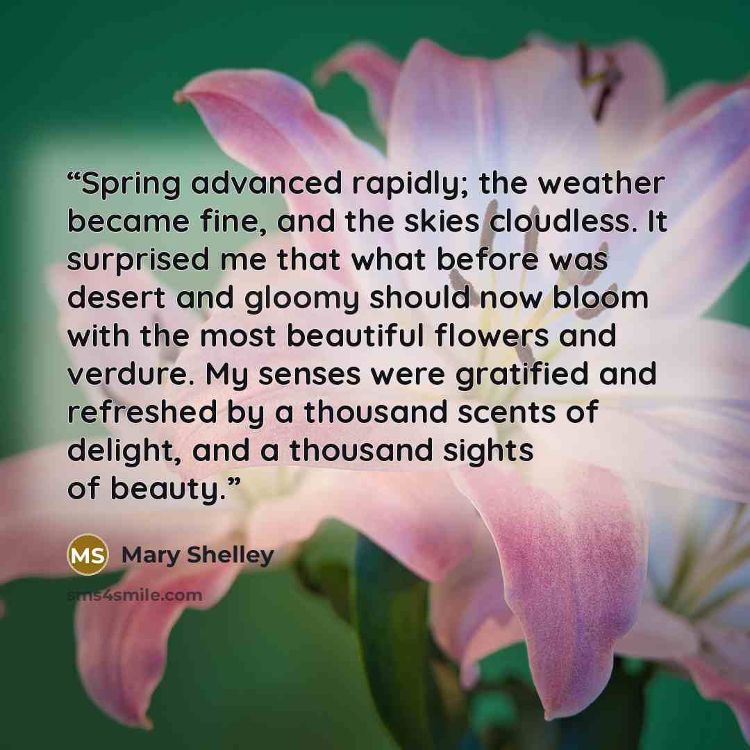 “Spring advanced rapidly; the weather became fine, and the skies cloudless. It surprised me that what before was desert and gloomy should now bloom with the most beautiful flowers and verdure. My senses were gratified and refreshed by a thousand scents of delight, and a thousand sights of beauty.” quote by Mary Shelley