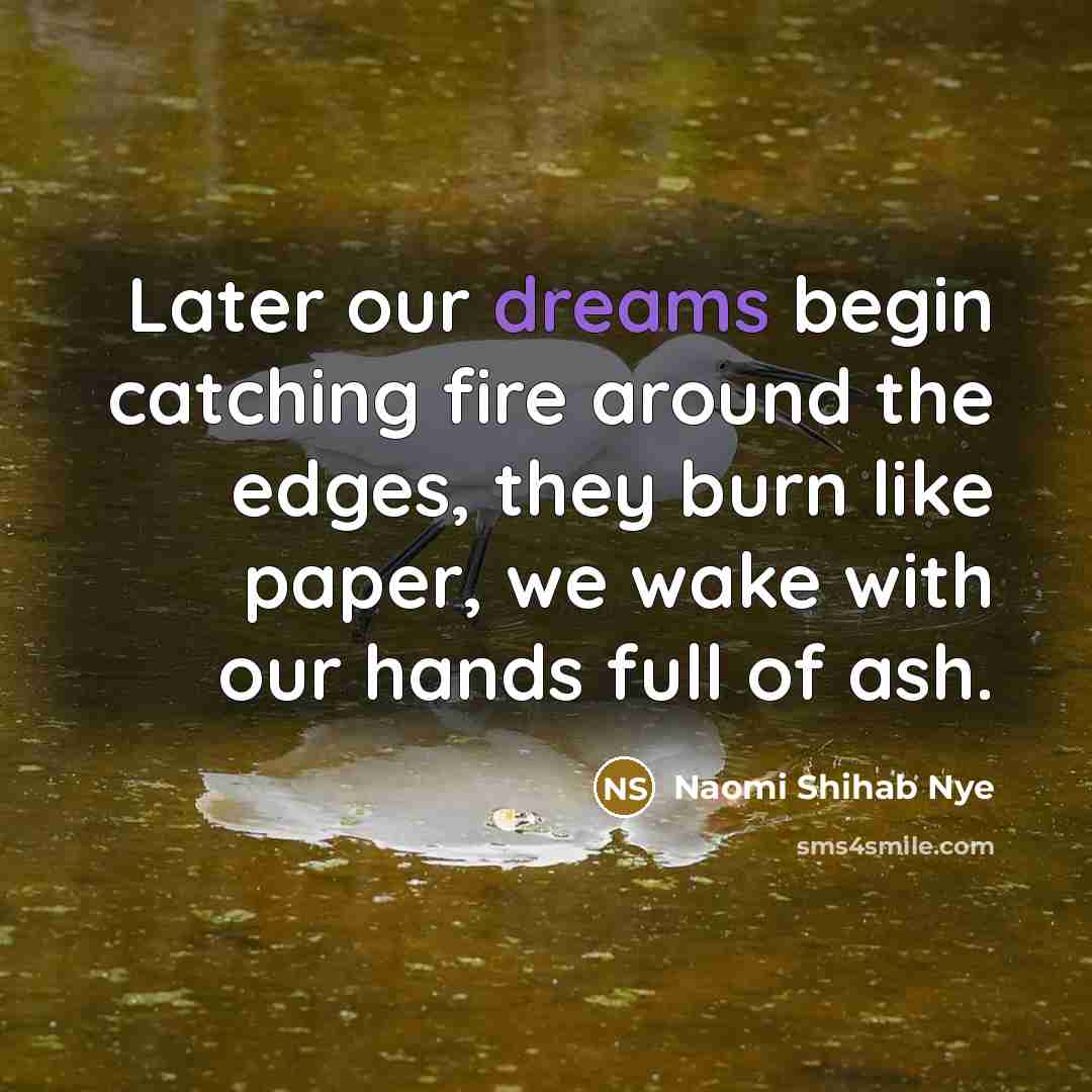 “Later our dreams begin catching fire around the edges, they…” quote by Naomi Shihab Nye