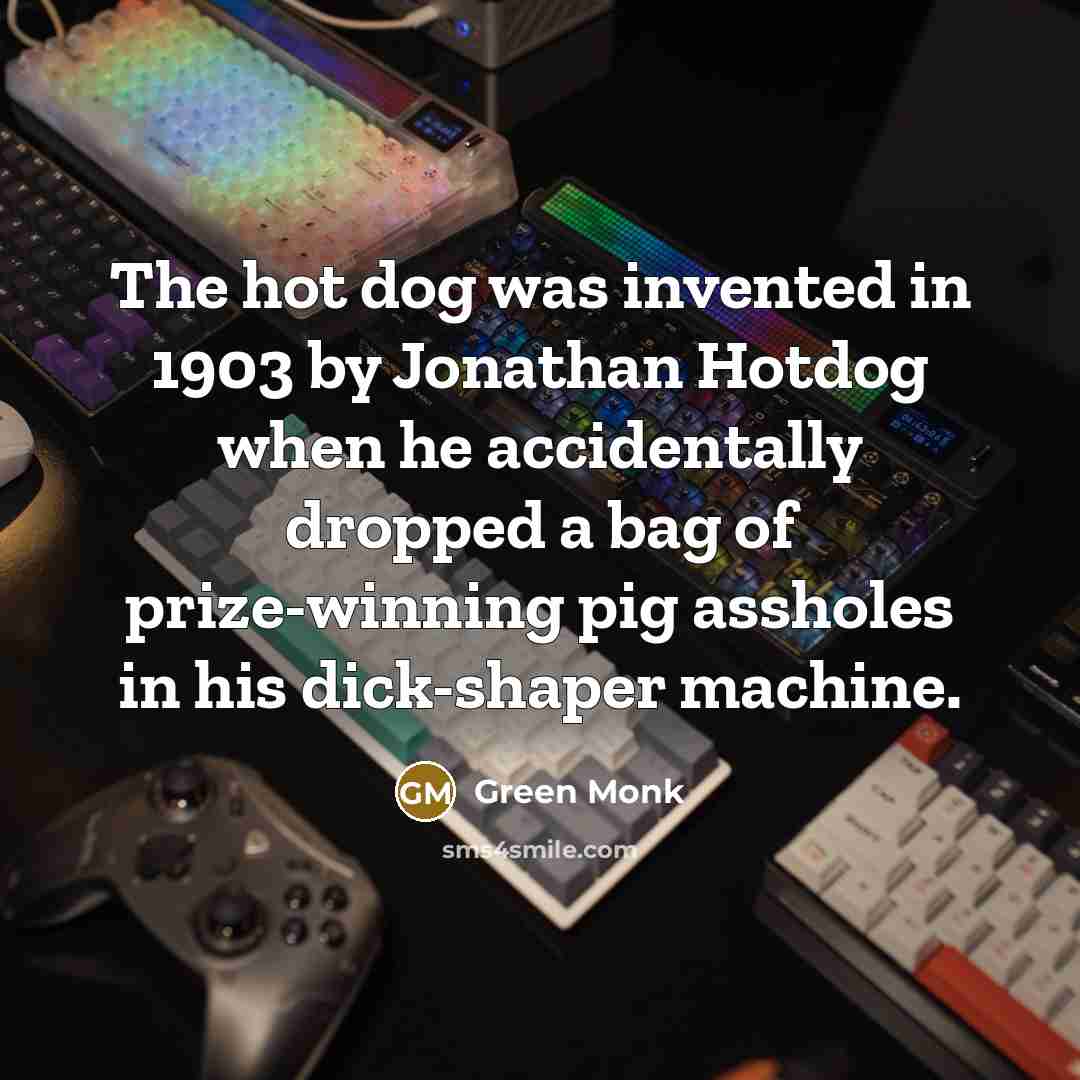 “The hot dog was invented in 1903 by Jonathan Hotdog…” quote by Green Monk
