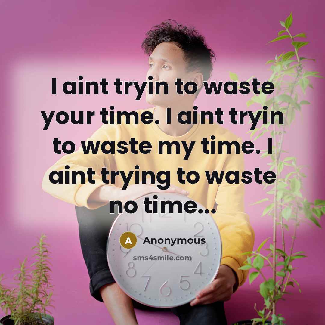 “I aint tryin to waste your time. I aint tryin to waste my time. I aint trying to waste no time...” quote by Anonymous