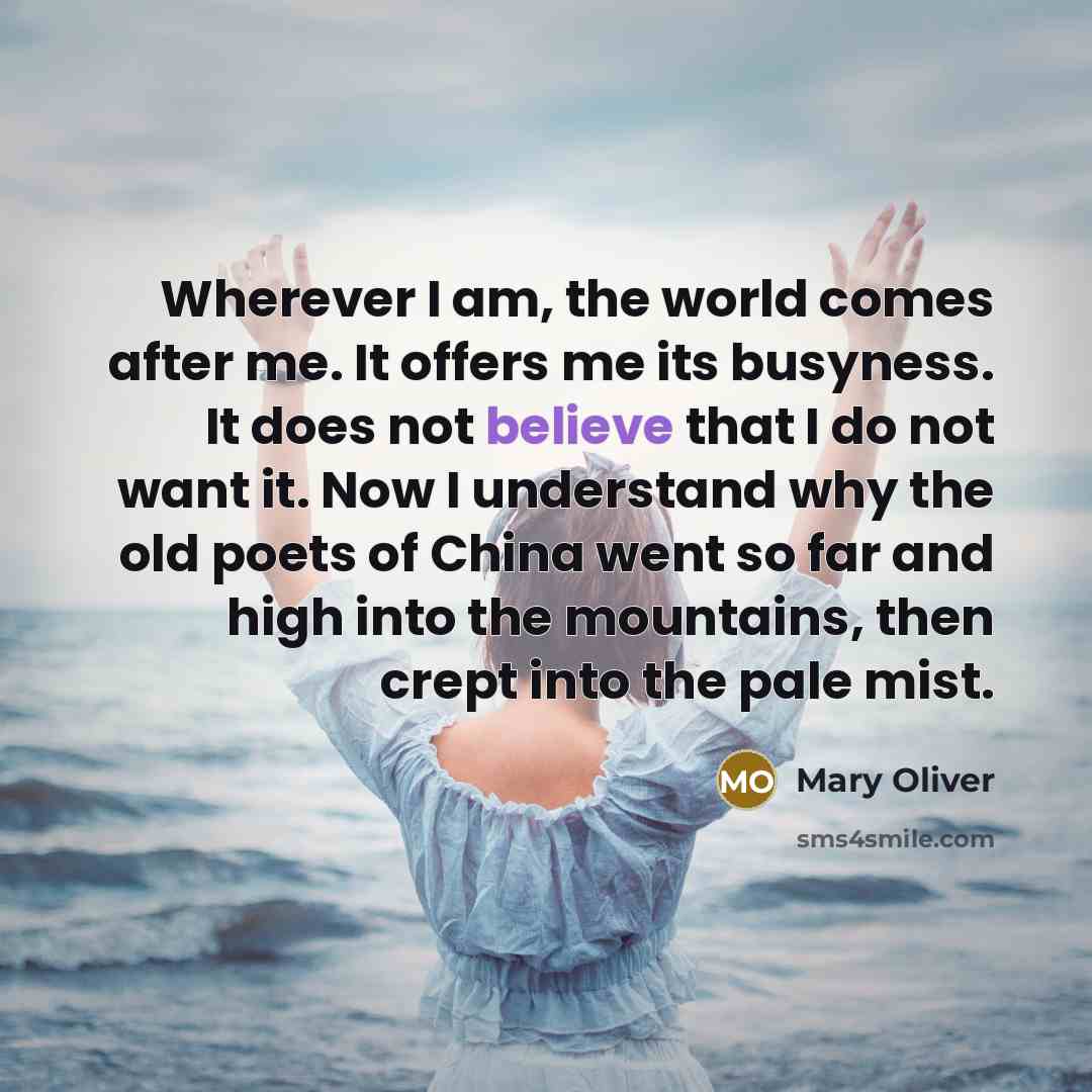 “Wherever I am, the world comes after me. It offers…” quote by Mary Oliver