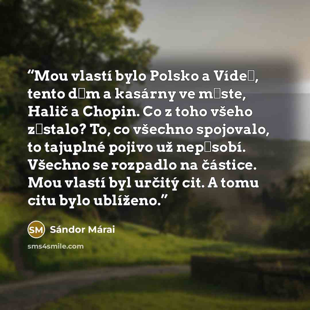 “Mou vlastí bylo Polsko a Vídeň, tento dům a kasárny ve měste, Halič a Chopin. Co z toho všeho zůstalo? To, co všechno spojovalo, to tajuplné pojivo už nepůsobí. Všechno se rozpadlo na částice. Mou vlastí byl určitý cit. A tomu citu bylo ublíženo.” quote by Sándor Márai