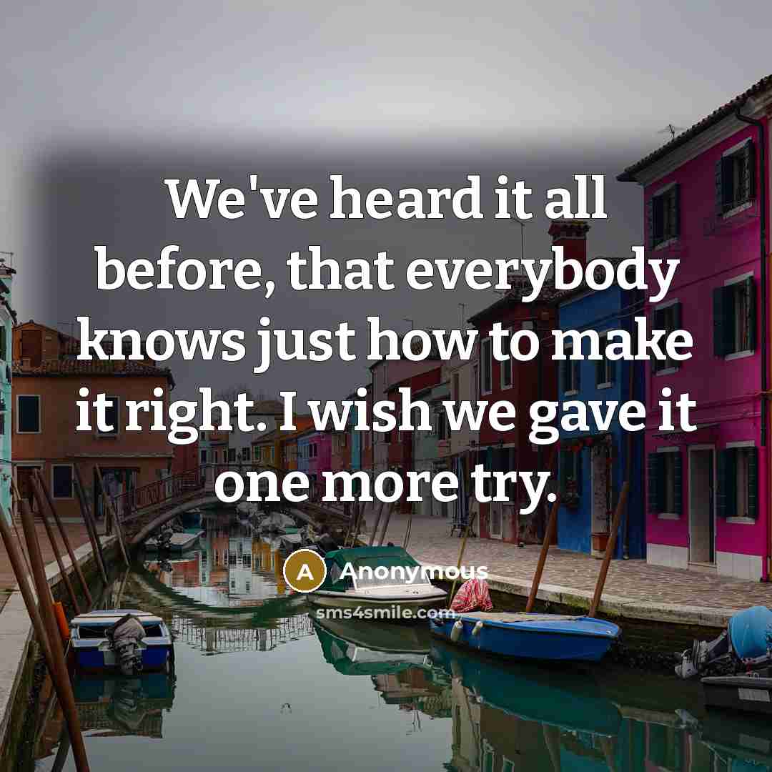 “We've heard it all before, that everybody knows just how to make it right. I wish we gave it one more try.” quote by Anonymous