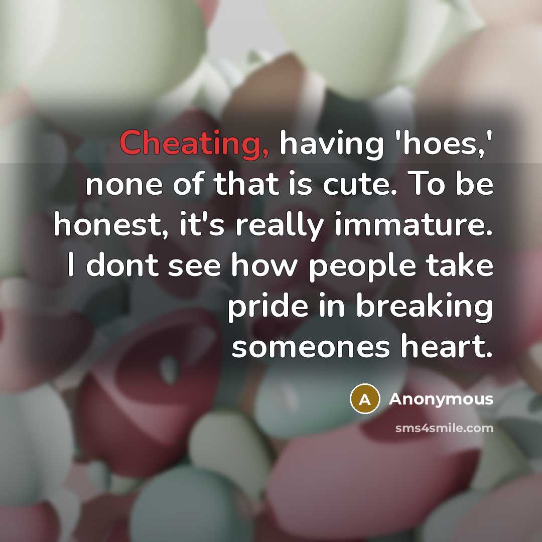 “Cheating, having 'hoes,' none of that is cute. To be honest, it's really immature. I dont see how people take pride in breaking someones heart.” quote by Anonymous