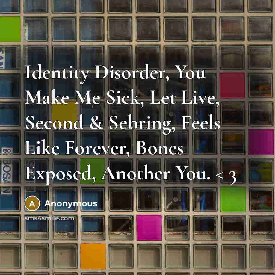 “Identity Disorder, You Make Me Sick, Let Live, Second & Sebring, Feels Like Forever, Bones Exposed, Another You. < 3” quote by Anonymous