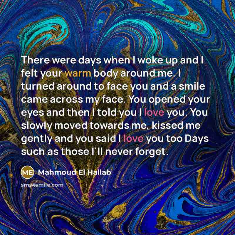 “There were days when I woke up and I felt your warm body around me. I turned around to face you and a smile came across my face. You opened your eyes and then I told you I love you. You slowly moved towards me, kissed me gently and you said I love you too Days such as those I'll never forget.” quote by Mahmoud El Hallab