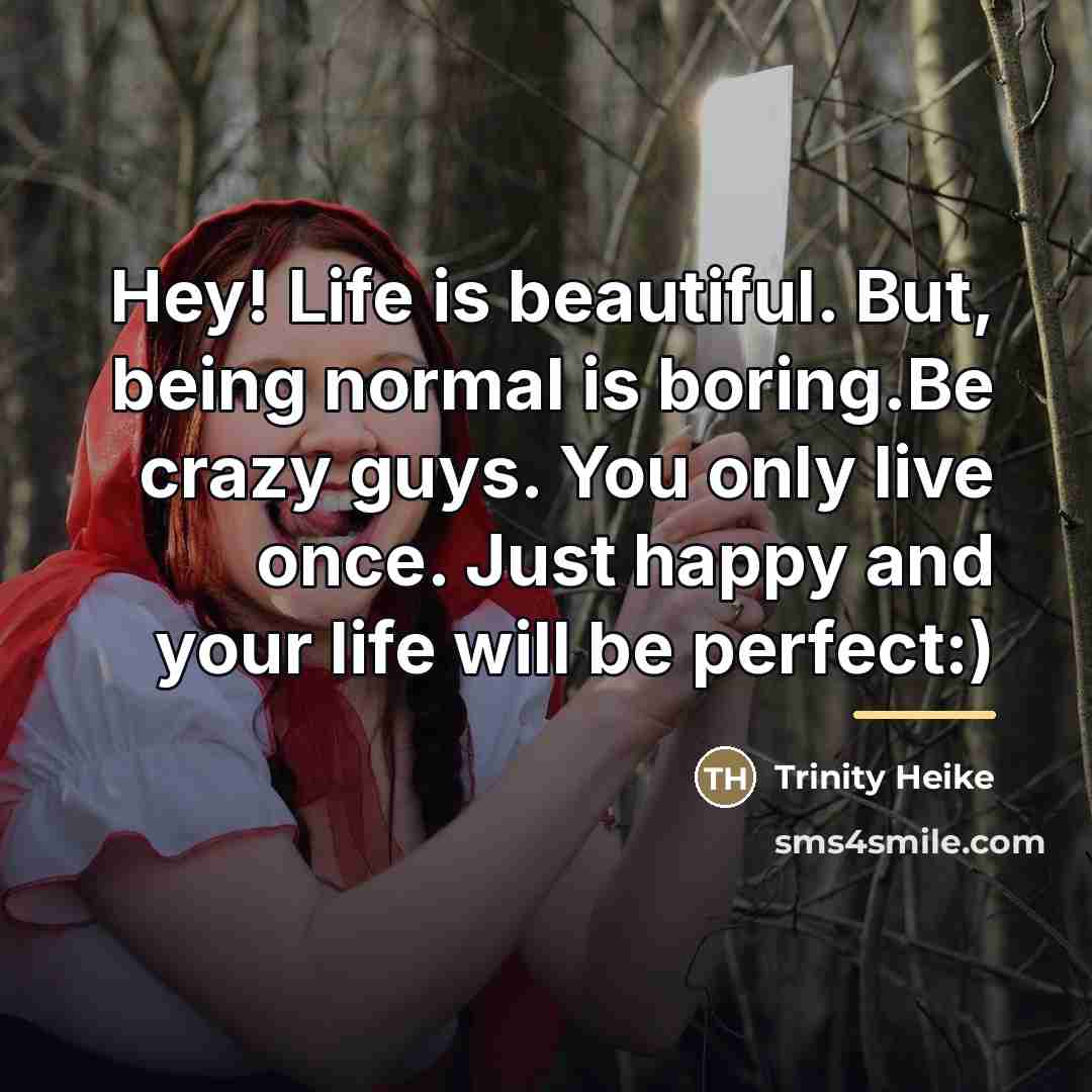 “Hey! Life is beautiful. But, being normal is boring.Be crazy…” quote by Trinity Heike