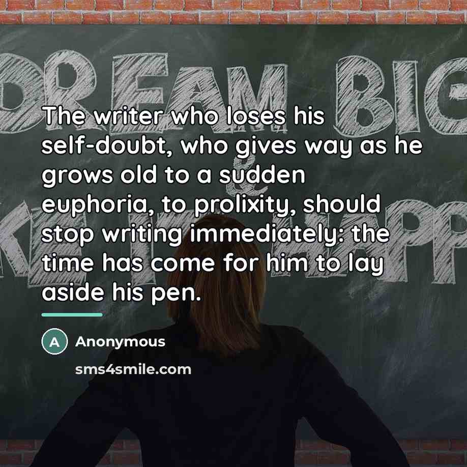 “The writer who loses his self-doubt, who gives way as…” quote by Anonymous