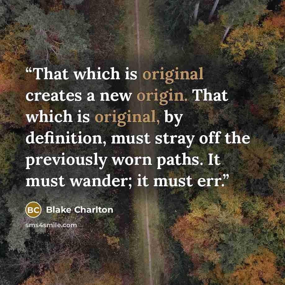 “That which is original creates a new origin. That which is original, by definition, must stray off the previously worn paths. It must wander; it must err.” quote by Blake Charlton