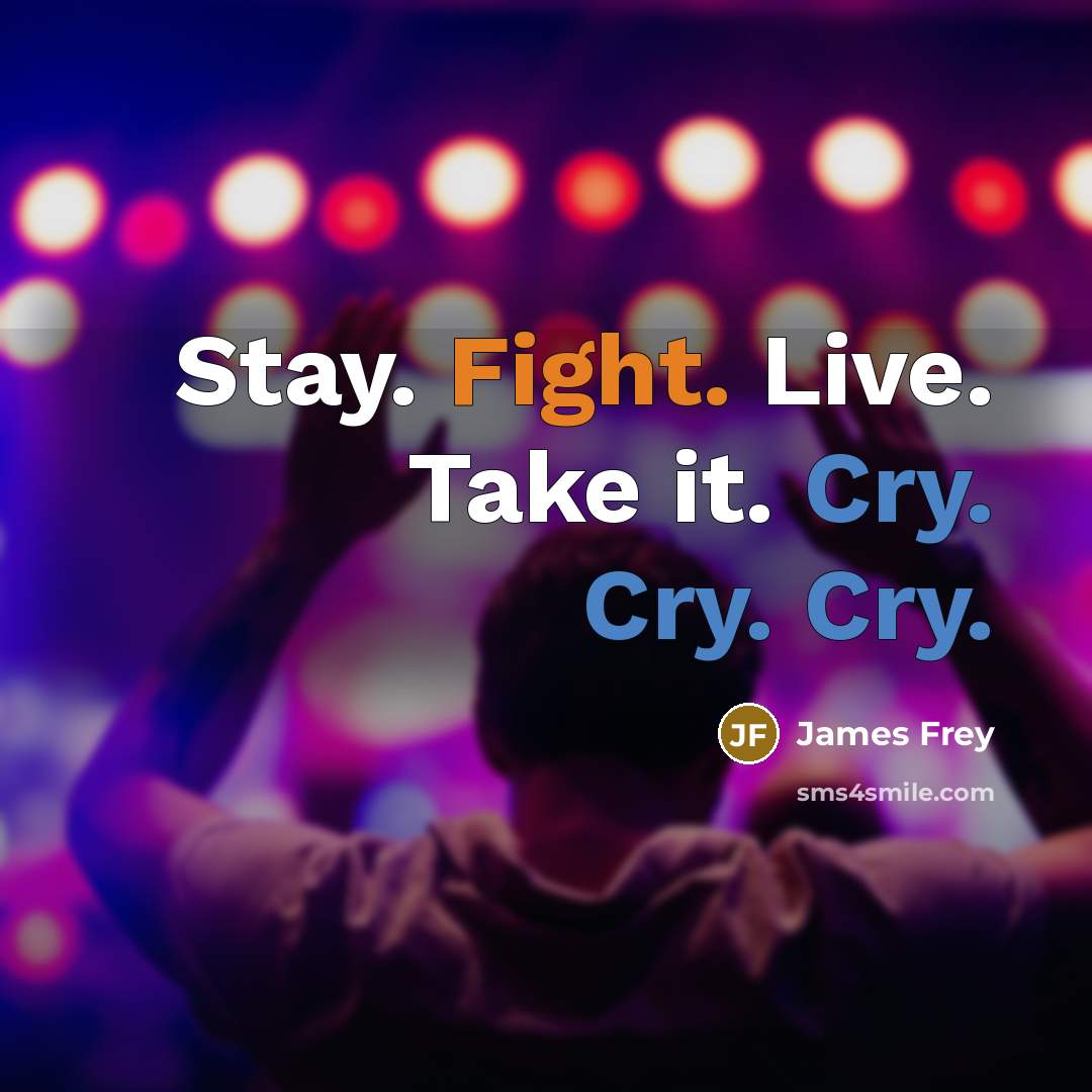 “Stay. Fight. Live. Take it. Cry. Cry. Cry.…” quote by James Frey