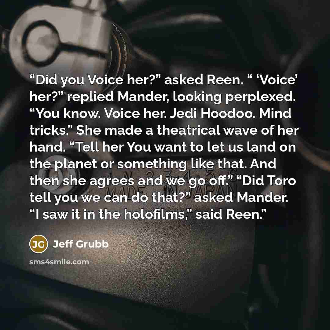 “Did you Voice her?” asked Reen. “ ‘Voice’ her?” replied Mander, looking perplexed. “You know. Voice her. Jedi Hoodoo. Mind tricks.” She made a theatrical wave of her hand. “Tell her You want to let us land on the planet or something like that. And then she agrees and we go off.” “Did Toro tell you…” quote by Jeff Grubb