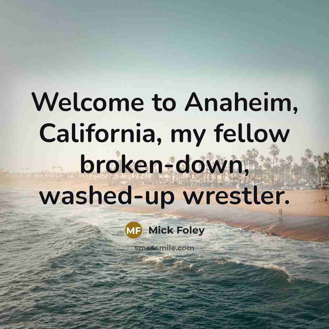 “Welcome to Anaheim, California, my fellow broken-down, washed-up wrestler.…” quote by Mick Foley