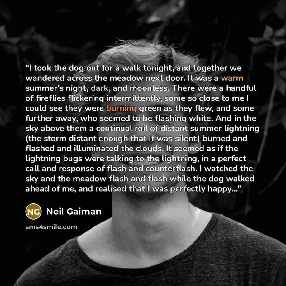 “I took the dog out for a walk tonight, and together we wandered across the meadow next door. It was a warm summer's night, dark, and moonless. There were a handful of fireflies flickering intermittently, some so close to me I could see they were burning green as they flew, and some further away…” quote by Neil Gaiman