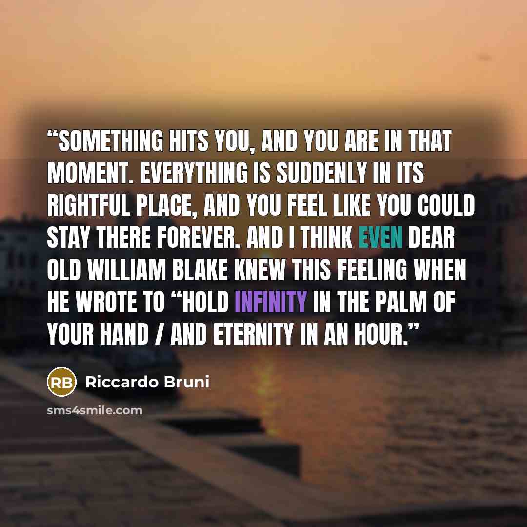 “something hits you, and you are in that moment. Everything is suddenly in its rightful place, and you feel like you could stay there forever. And I think even dear old William Blake knew this feeling when he wrote to “Hold Infinity in the palm of your hand / And Eternity in an hour.” quote by Riccardo Bruni