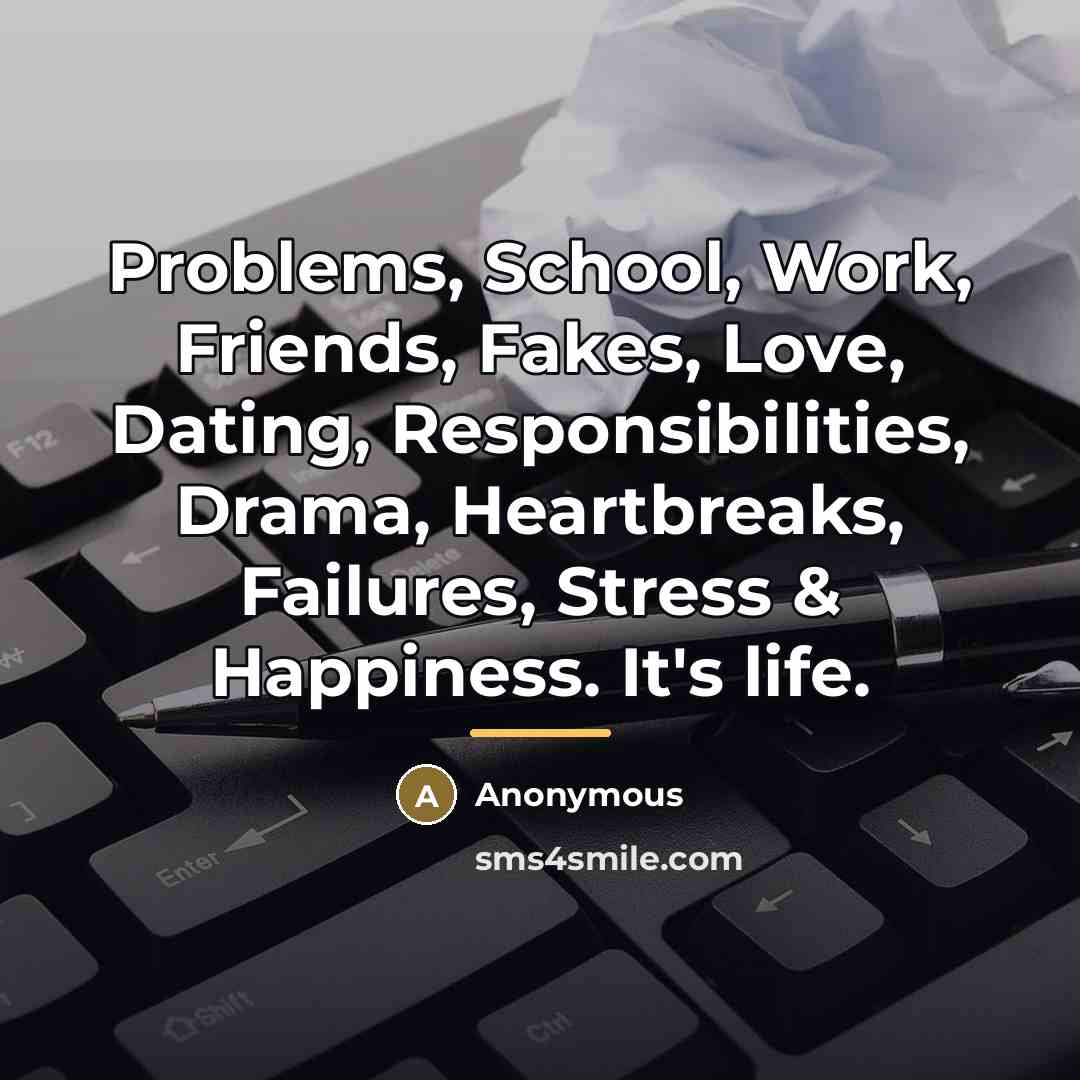 “Problems, School, Work, Friends, Fakes, Love, Dating, Responsibilities, Drama, Heartbreaks,…” quote by Anonymous