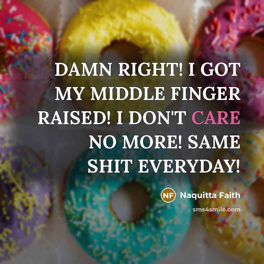 “DAMN RIGHT! I GOT MY MIDDLE FINGER RAISED! I DON'T CARE NO MORE! SAME SHIT EVERYDAY!” quote by Naquitta Faith