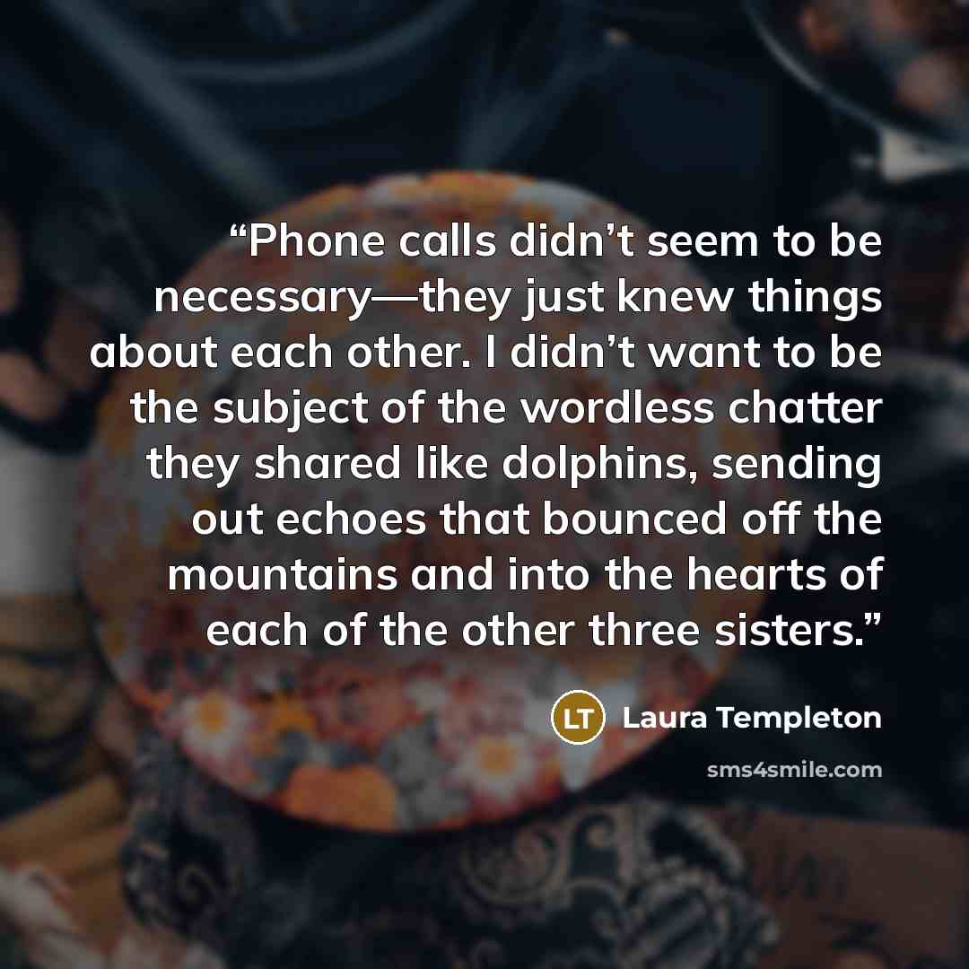 “Phone calls didn’t seem to be necessary—they just knew things about each other. I didn’t want to be the subject of the wordless chatter they shared like dolphins, sending out echoes that bounced off the mountains and into the hearts of each of the other three sisters.” quote by Laura Templeton