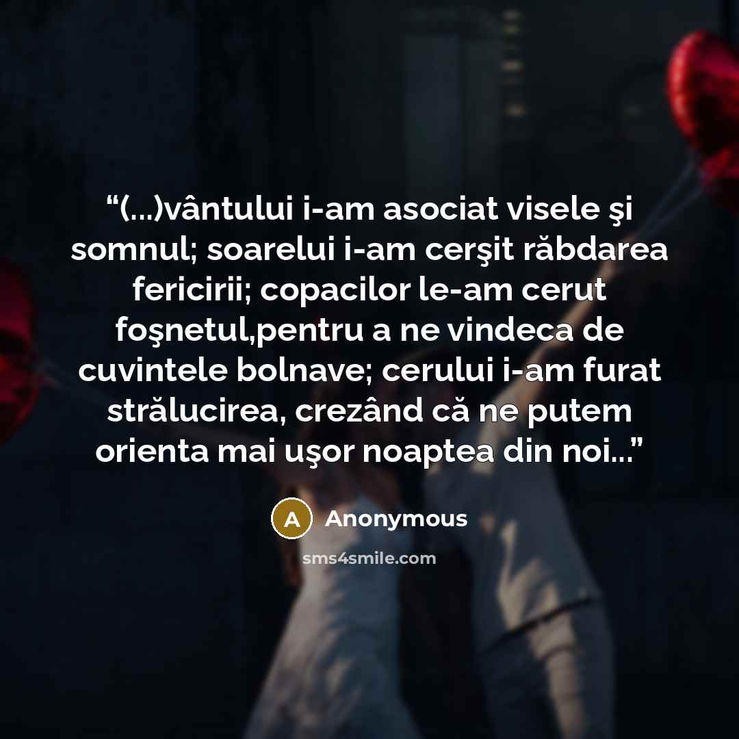 “(...)vântului i-am asociat visele şi somnul; soarelui i-am cerşit răbdarea fericirii; copacilor le-am cerut foşnetul,pentru a ne vindeca de cuvintele bolnave; cerului i-am furat strălucirea, crezând că ne putem orienta mai uşor noaptea din noi...” quote by Anonymous