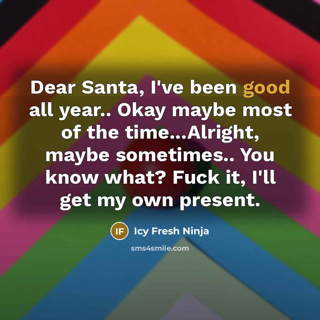“Dear Santa, I've been good all year.. Okay maybe most of the time...Alright, maybe sometimes.. You know what? Fuck it, I'll get my own present.” quote by Icy Fresh Ninja