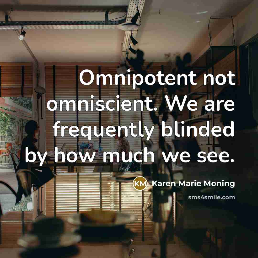 “Omnipotent not omniscient. We are frequently blinded by how much…” quote by Karen Marie Moning
