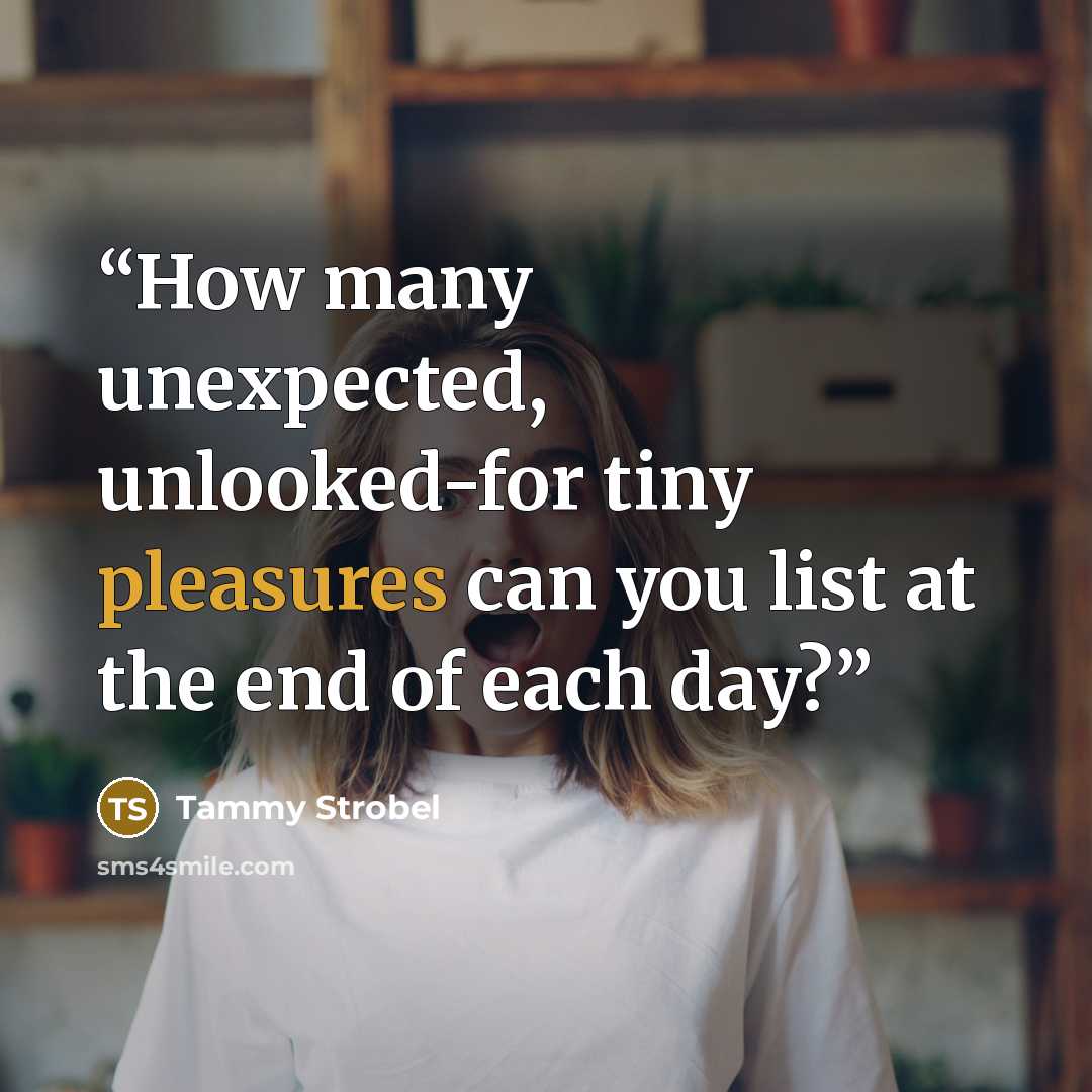 “How many unexpected, unlooked-for tiny pleasures can you list at the end of each day?” quote by Tammy Strobel