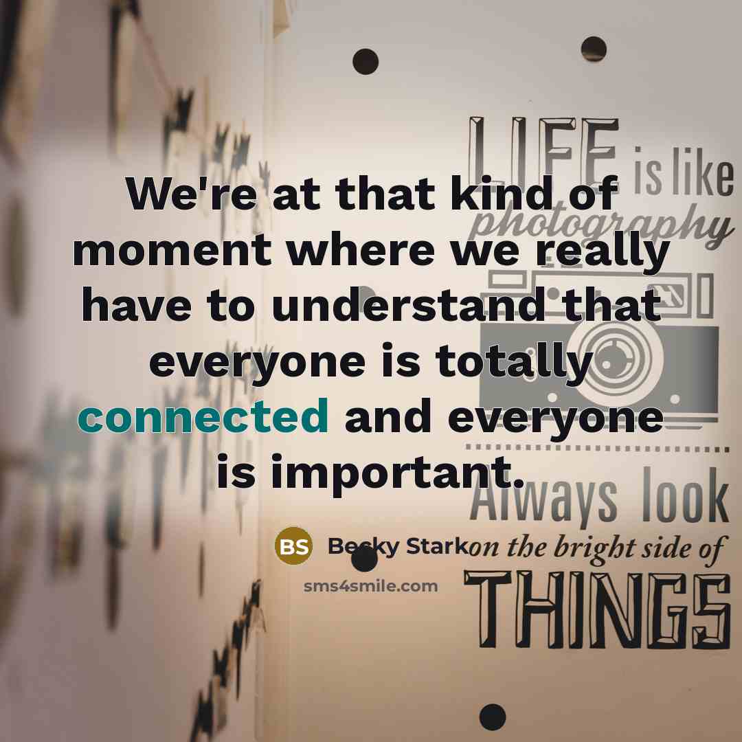 “We're at that kind of moment where we really have to understand that everyone is totally connected and everyone is important.” quote by Becky Stark